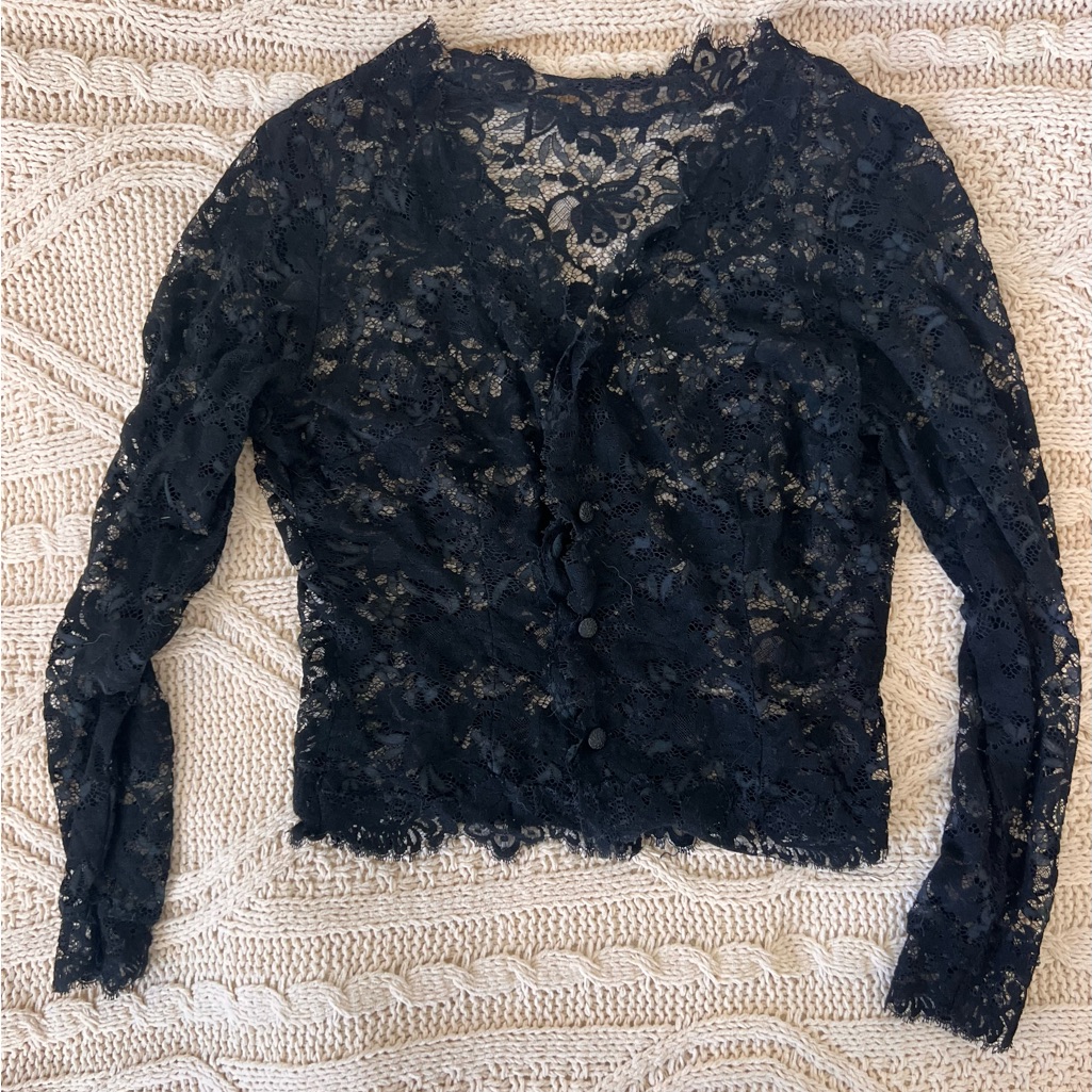 Embroidered Lace Black Top See Through Cardigan Blouse Front Button V Neck